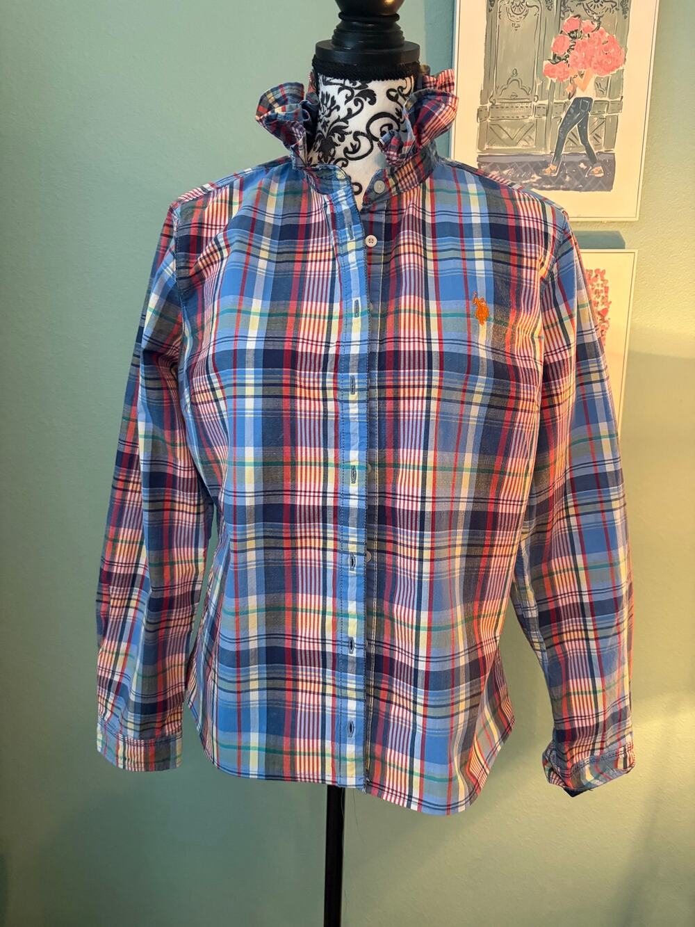 U.S. Polo Assn Large Upcycled Ruffle Collar Madras Plaid Shirt
